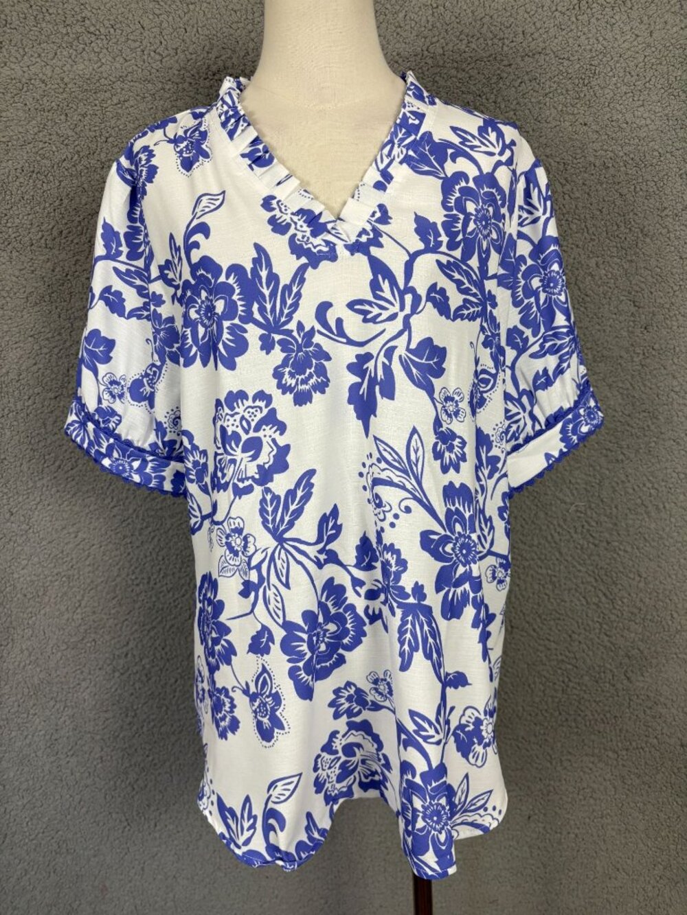 Grace Karin Women's Floral V-Neck Puff Short Sleeve Blouse XL White & Blue NWT's